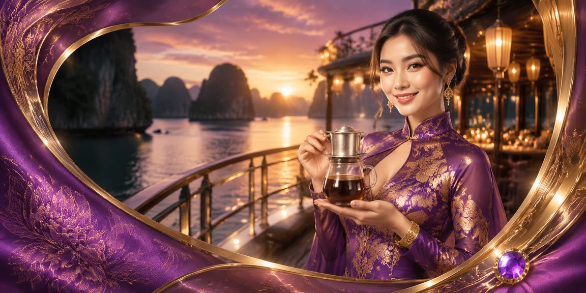 Phong cảnh Vịnh Hạ Long kết hợp với không gian đặt cược casino sang trọng và trang phục áo dài truyền thống