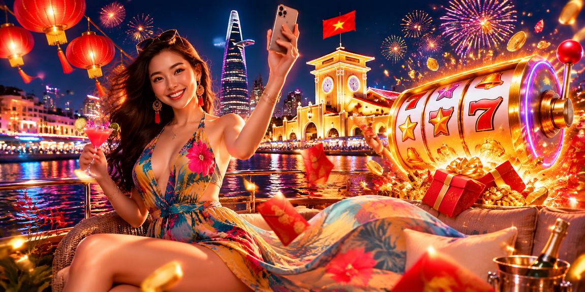 Người chơi tại Thành phố Hồ Chí Minh trải nghiệm slot game trực tuyến với ánh đèn lồng rực rỡ xung quanh